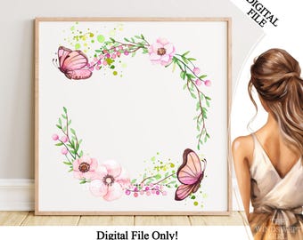 Pink Floral Butterfly Frame: Sublimation PNG Clipart (Digital Download)