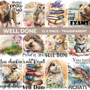 Peut inclure: Une collection de douze illustrations numériques à l'aquarelle représentant des animaux comme un lion, un hibou, un ours, un hérisson, un ours en peluche, un chaton, un canard et une tortue, avec des livres, des fleurs et des textes de félicitations.