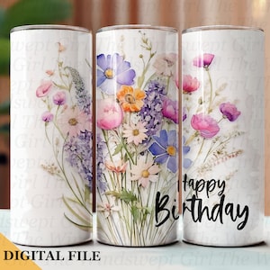 Vaso delgado de 20 oz con texto en PNG para sublimación, descarga de vaso de cumpleaños SIN COSTURAS, DIGITAL, clipart de feliz cumpleaños, instantáneo