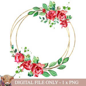 Red Roses Gold Frame PNG: Floral Clipart (Digital Download)