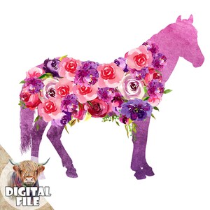 Cheval floral PNG, cheval avec des fleurs, clipart cheval, sublimation équine, graphiques de toboggan aquatique, fleurs roses et violettes, chevaux
