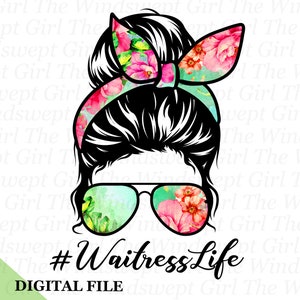 Clipart serveuse, fichier PNG pour sublimation, téléchargement immédiat, imprimables serveuse, fichier numérique, cadeau pour serveuse, serveur, chignon désordonné