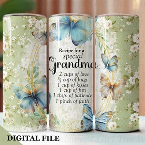 Receta para envolver un vaso especial de abuela, SOLO DIGITAL, vaso de sublimación de 20 oz, vasos delgados sin costuras, descarga instantánea, diseño floral