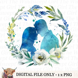 De heer en mevrouw png, koppel met bloemen, bruiloft clipart, jubileum silhouetten, sublimatie transfers, blauwe bloemenlijst, blauwe bloemen, bruid