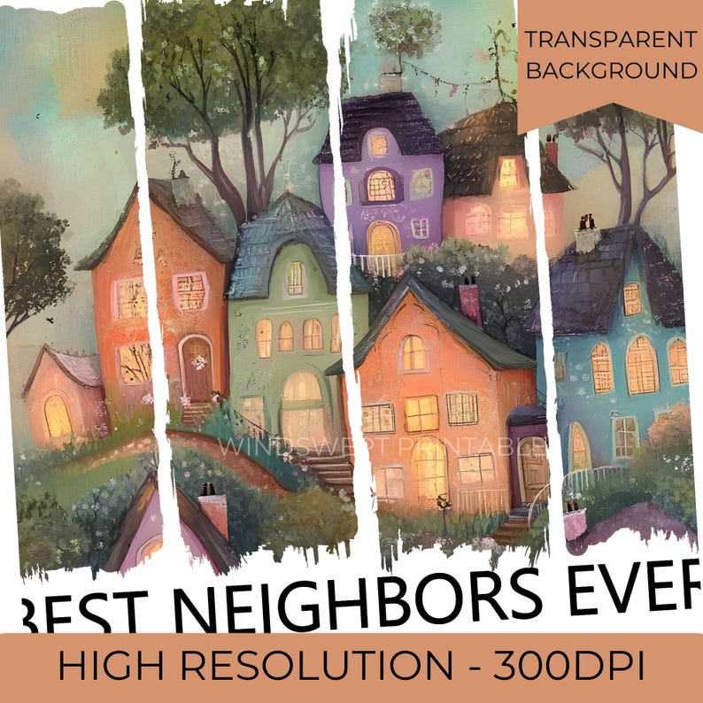 Best Neighbors Ever Clipart: Watercolor Houses PNG File (PRINTABLE ...