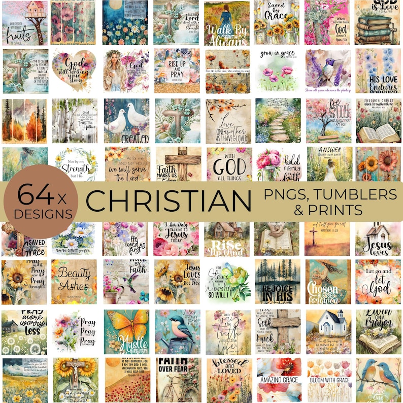 May include: A collection of 64 Christian-themed designs, including PNGs, tumblers, and prints. The images feature inspirational quotes, floral arrangements, crosses, and other religious symbols. The color palette includes soft pastels and vibrant hues.