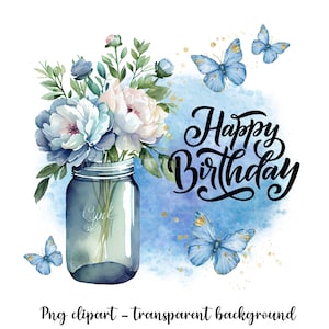 Gelukkige verjaardag clipart, afdrukbare verjaardag png, verjaardagssublimatiebestand, instant download, verjaardagscadeau, verjaardagswensen, blauwe bloemen