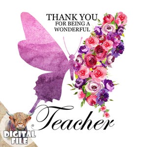Clipart de agradecimento para professor para sublimação, download instantâneo, presente de fim de período escolar para professor, presente para professor para impressão, borboleta floral