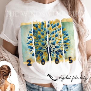 Conception de chemise 20e anniversaire au format PNG pour sublimation, chemise d'anniversaire 2005, cadeau 20e anniversaire pour femme, 20e anniversaire à imprimer