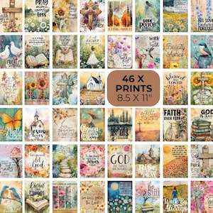 Peut inclure: Un ensemble de 46 impressions, chacune de 21,6 x 27,9 cm, présentant des citations inspirantes et des images religieuses. Les impressions présentent divers thèmes, notamment la nature, la foi et des motifs floraux, avec des textes tels que "Priez", "Jésus" et "Dieu".