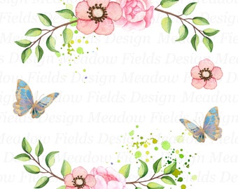 Pink flowers with butterflies sublimation frame png, floral wreath png, flowers png, frame clipart, sublimation clipart, design elements