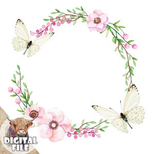 Rosa Blumen mit Schmetterlingen Rahmen png, Blumenkranz png, sofort Download, Rahmen Clipart, Sublimation Clipart, Hochzeit Clipart