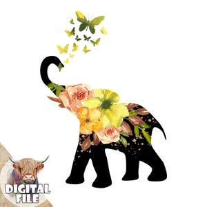 Floral Elephant Clipart: Watercolor Flower Silhouette (Digital PNG, Instant Download