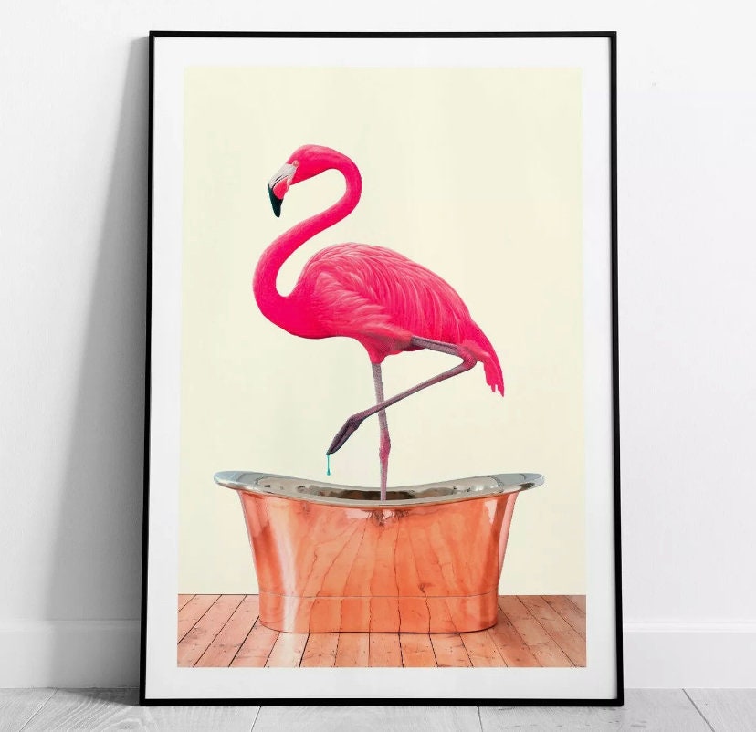 Flamingo in Bath Art Print Flamingo Poster Home Decor Wall Etsy