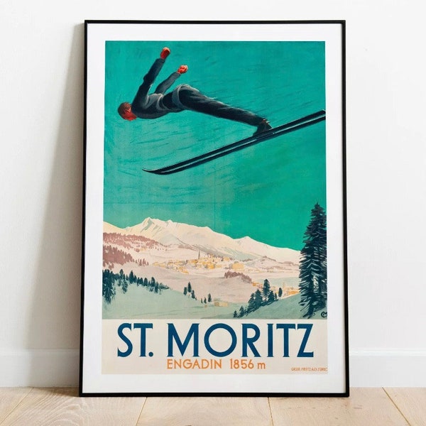 Vintage Ski Print, St. Moritz Print, Ski Poster, St. Moritz Art Poster, Wall art print