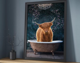 Highland Cow in Bath Print, Highland Cow Print, Cow Poster, Cow Art Print, Wall Art