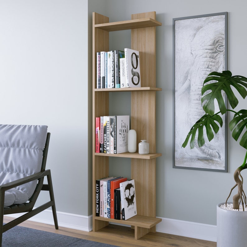 Rodney Bookcase | 4 Tier Bookcase | Corner Shelf | Contemporary | White | Oak | Anthracite | Open Shelf | Furniture | Minimalist Bookcase 