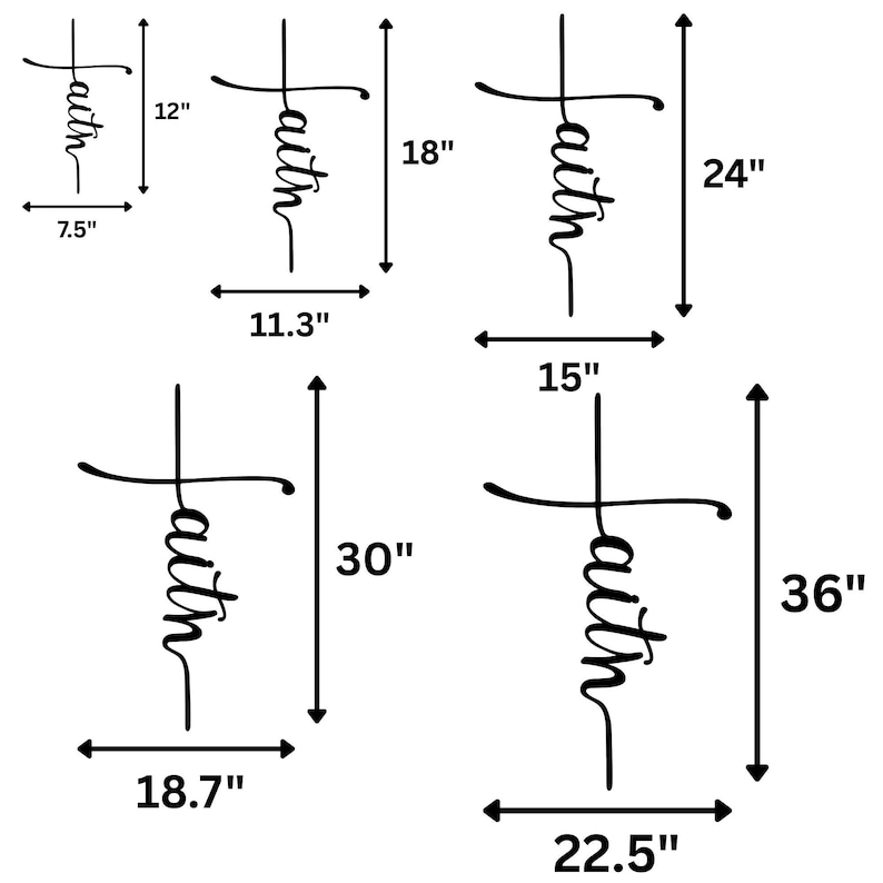 a series of black and white illustrations of a cross with the word "faith" written below it. Each illustration is accompanied by a scale drawing that provides the dimensions in inches, ranging from 18.7 to 22.5. The illustrations vary in size, with some being larger than others, and the scale is consistent across all the images.