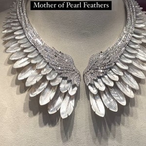 Mother of Pearl Feathers Lab Grown Diamond Necklace Elegant Necklace/ Special Gift For Her/ Birthday Gift For Her