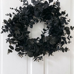 Gothic Front Door Home Wall Decor Faux Wreath With Black Eucalyptus & Roses Suitable For Cemetery Decor Indoor Or Outdoor Use