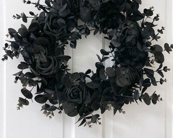 Gothic Front Door Home Wall Decor Faux Wreath With Black Eucalyptus & Roses Suitable For Cemetery Decor Indoor Or Outdoor Use