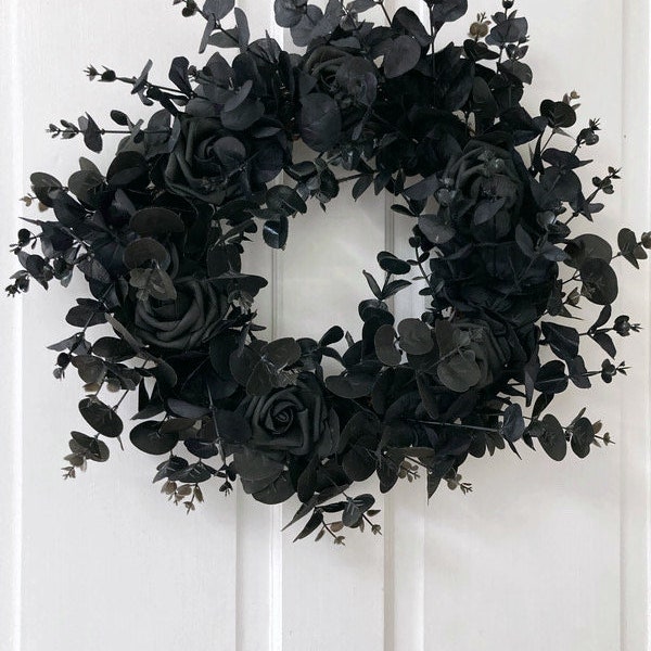 Gothic Front Door Home Wall Decor Faux Wreath With Black Eucalyptus & Roses Suitable For Cemetery Decor Indoor Or Outdoor Use