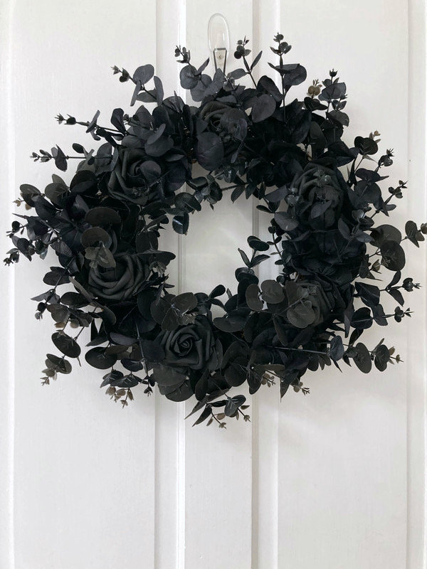 Gothic Front Door Home Wall Decor Faux Wreath With Black Eucalyptus & Roses Suitable For Cemetery Decor Indoor Or Outdoor Use