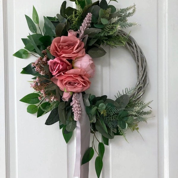 Spring/Summer Front Door Rustic, Farmhouse Wreath, Peony, Rose, Wall Decor, Gift Idea, Indoor/Outdoor Faux Wreath