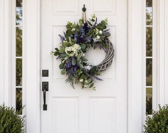 Floral Front Door Half Moon Rustic Wreath, Grey Wicker with Lavender Eucalyptus & White Rose’s