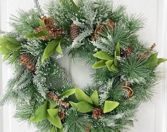 Winter Christmas Front Door Nordic Home Wall Table Decor Festive Faux Wreath With Snowy Spruce Fern Pinecones Orange Slices Indoor/Outdoor