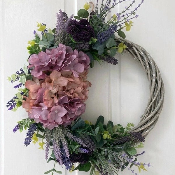 Spring/Summer Half Moon Front Door Home Wall Decor Cottage  Farmhouse Faux Wreath With Hydrangea Lavender Eucalyptus Indoor/Outdoor Use
