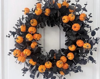 Gothic Halloween Front Door Home Wall Table Decor Faux Wreath With Black Eucalyptus & Pumpkins Suitable For Indoor/Outdoor Use