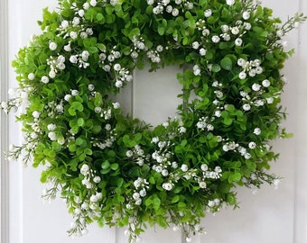 Year Round Door Wreath Home Decor Table Decor Centrepiece Rustic, Gypsophila, Baby Breath, Eucalyptus, Farmhouse, Indoor/Outdoor Faux Wreath