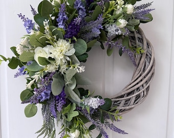Floral Front Door Half Moon Rustic Wreath, Grey Wicker with Lavender Eucalyptus & White Rose’s