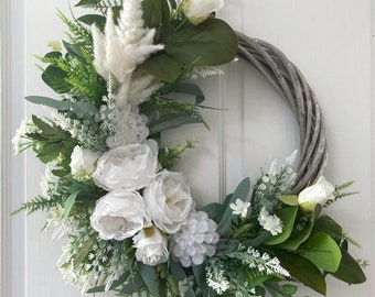 Year Round Front Door Rustic Cottage Style Home Decor Half Moon Grey Wicker Silk Flower & Foliage Bouquet Faux Wreath Indoor/Outdoor Use