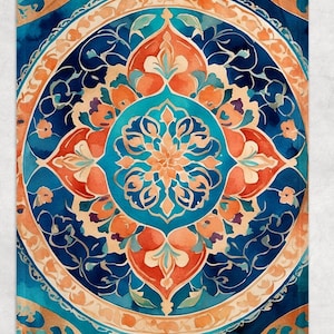 May include: A watercolor-style rug with a central medallion design. The rug features a vibrant color palette of blues, oranges, and golds. Intricate floral and geometric patterns create a symmetrical, circular composition. The rug's design evokes a sense of traditional artistry and cultural heritage.