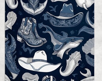 Coastal Cowgirl Cozy Fleece Blanket, Any Season Throw Blanket, Gift for Her, Beach Seashell Blanket, Western Boho Navy White
