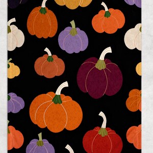 May include: A black background is covered with a pattern of various pumpkins. The pumpkins are in shades of orange, red, purple, and cream, each with a green stem and a white curved vine. The pumpkins are of different sizes and are scattered across the surface.