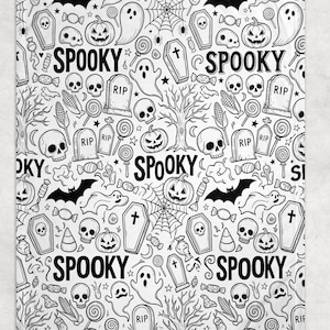 May include: A white blanket featuring a repeating black line art pattern of Halloween motifs including skulls, ghosts, bats, pumpkins, coffins, tombstones with RIP text, spiderwebs, candy, and the word SPOOKY printed in a bold, sans-serif font.