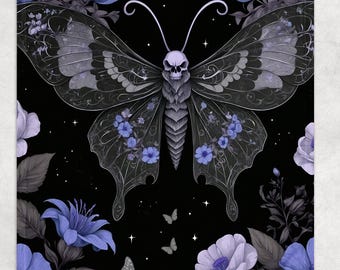 Purple Moth Butterfly Blanket, Skull Wildflower Fleece Plush Throw, Gothic Witchy Boho Bedroom Living Lounge Cottagecore Home Décor