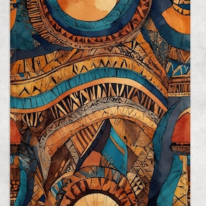 May include: Abstract watercolor design in shades of blue, orange, and brown. The pattern features intricate geometric shapes and lines, creating a textured, artistic look. The design is reminiscent of tribal art, with a focus on organic forms and detailed patterns.