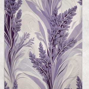 May include: A lavender-colored floral pattern blanket. The design features stylized lavender sprigs and leaves in shades of purple and white against a light background. The blanket's design is a soft, artistic representation of lavender.
