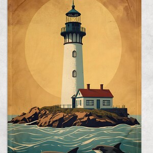 May include: A vintage-style illustration of a lighthouse on a rocky island, with a small house and two dolphins in the ocean. The lighthouse is white with a black and green top, set against a yellow sun.