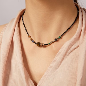 Black Spinel, Tiger Eye, Malachite & Lapis Lazuli Necklace - Natural Stone Crystal beaded Gemstone Birthstone Gift