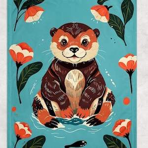 Otter Baby Blanket - Floral Minky Throw Blanket for Cute Animal Lovers, Sea Otter Lover Home Decor, Flower Mothers Day Gift