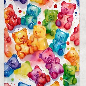 May include: A watercolor-style blanket featuring a pattern of colorful gummy bear candies. The bears are in various colors, including red, orange, yellow, green, blue, and purple, set against a white background with watercolor splashes.