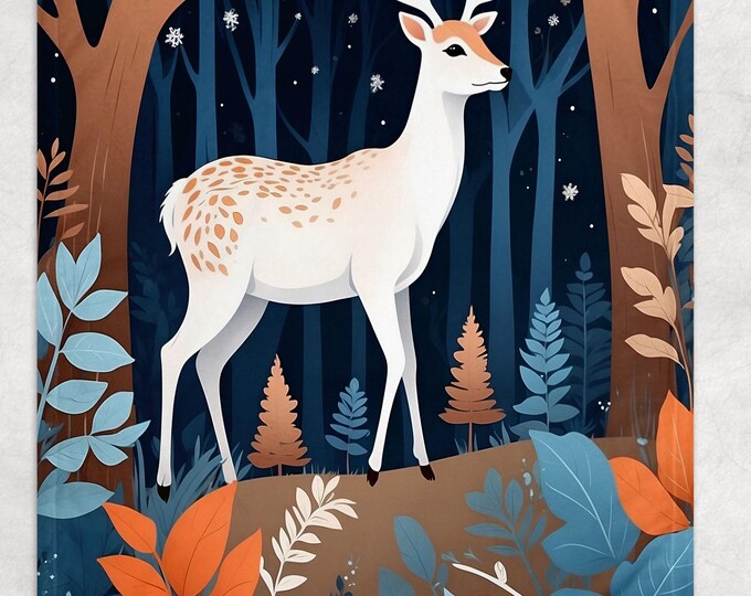 Scandinavian Winter Folk Art, Vintage Nordic Art, Deer in Forest Scandi Christmas Design