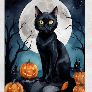 May include: A Halloween-themed illustration features a black cat with yellow eyes sitting on a rock, with a full moon in the background. Carved orange pumpkins are placed around the cat. Silhouetted trees and a spooky castle complete the scene.