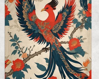 Cozy Fleece Blanket: Vintage Asian Firebird Plush Throw  for Warm Home Décor