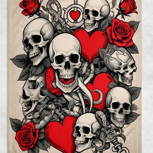 May include: A cream-colored blanket featuring a gothic design with multiple skulls, red hearts, and roses. The skulls are in shades of gray and white, with red accents. The design includes a dagger and decorative elements.